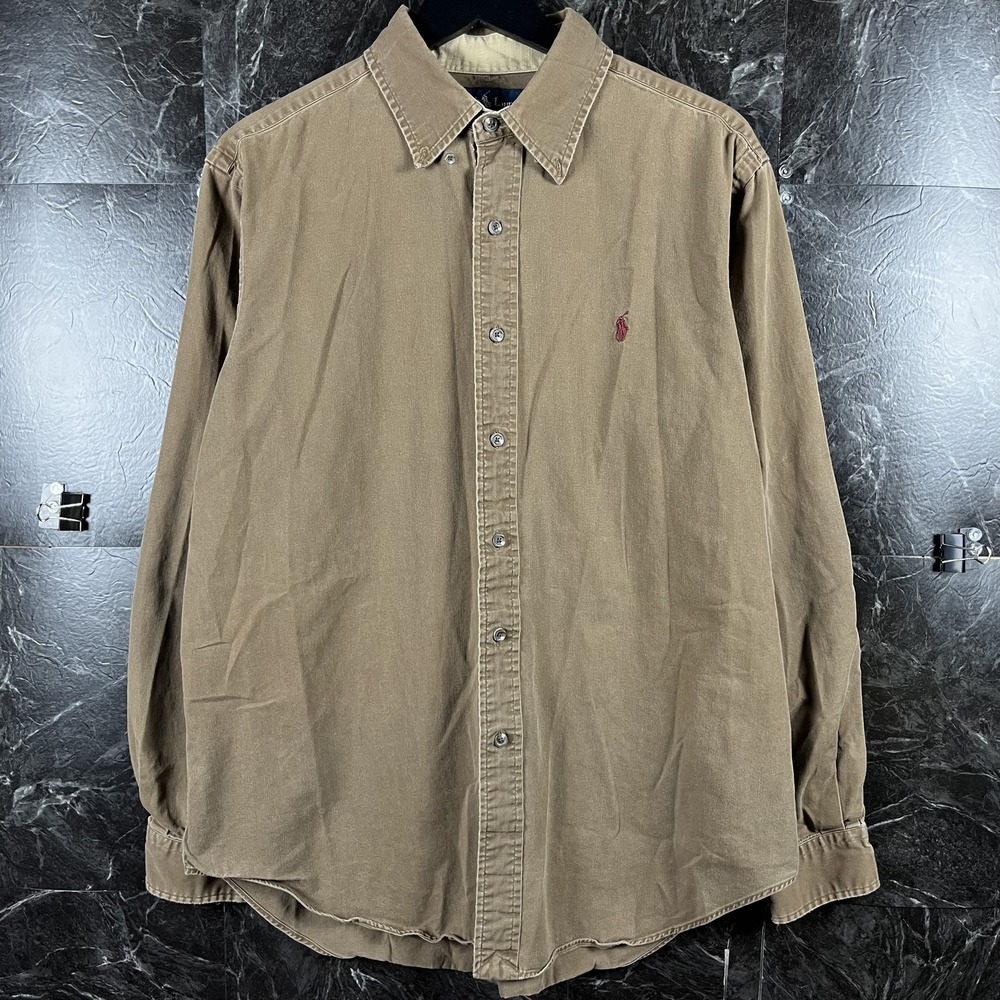 Polo Ralph Lauren Men's Beige Vtg Elbow Patch Sleeve Button Shirt Large
